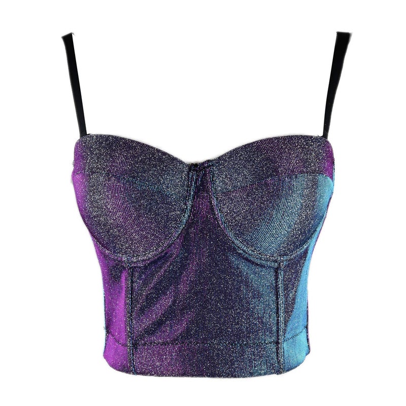 ELLACCI Women's Shiny Bustier Crop Top Sexy Prom Corset Top Bra Gradient Purple Large - Image 3